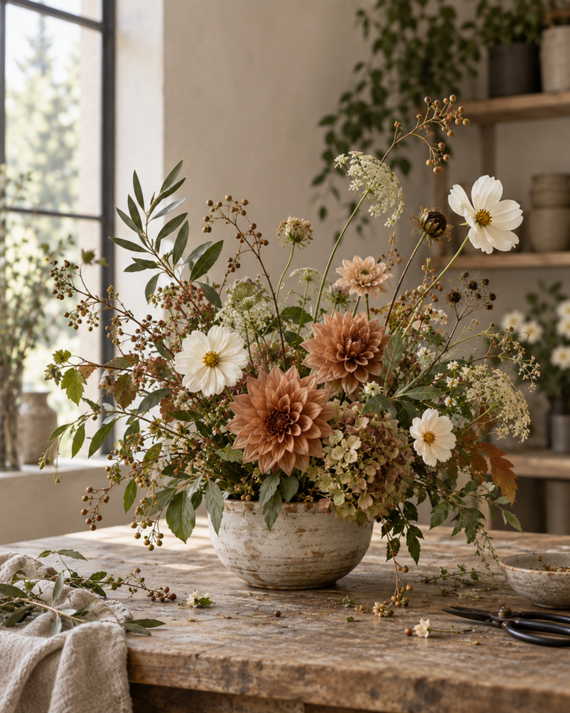 Florist’s choice seasonal arrangement in a handmade ceramic vessel.