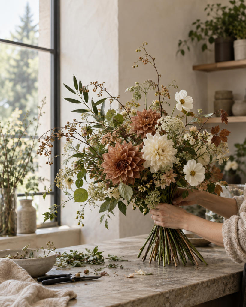 Seasonal bouquet in cream, clay and green being arranged in a Calgary floral studio.