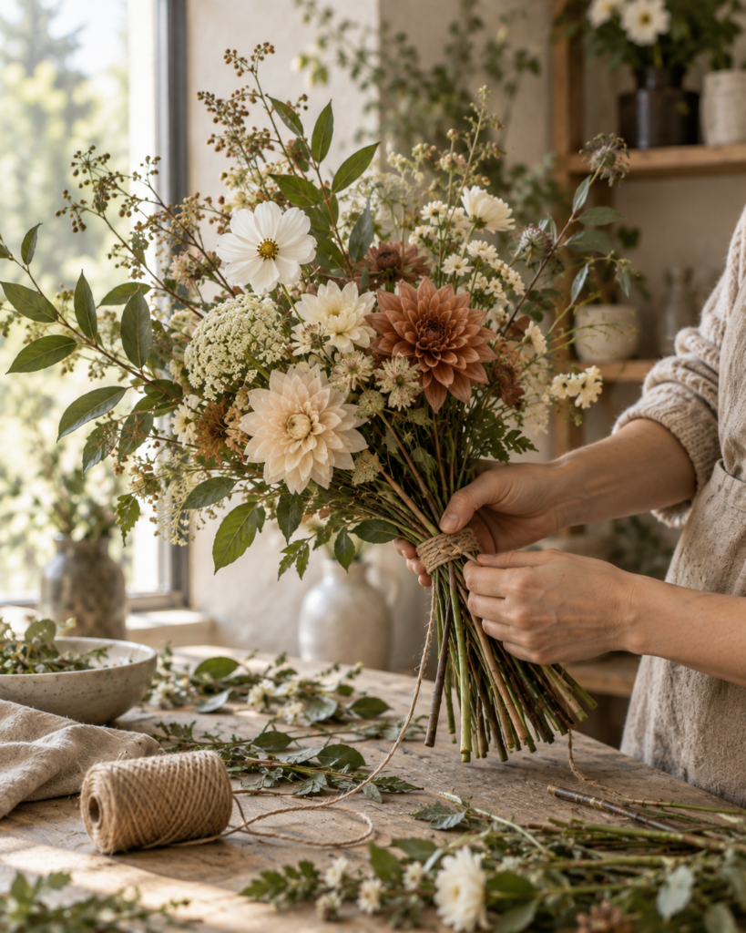 Florist’s hands tying a seasonal bouquet in a Calgary floral studio.