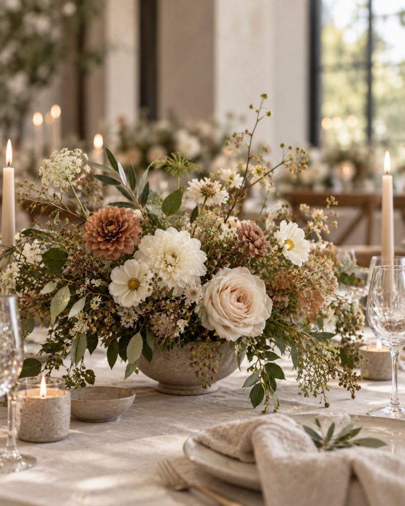 Intimate wedding table arrangement with cream and clay flowers.