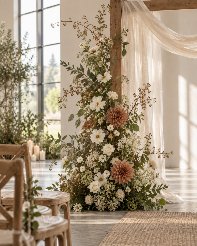 Natural wedding ceremony floral installation in cream, clay and green.